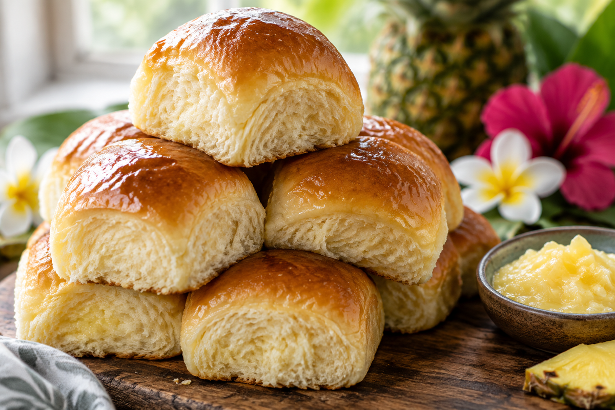 Fresh homemade hawaiian sweet rolls with golden crust and soft texture on a wooden board