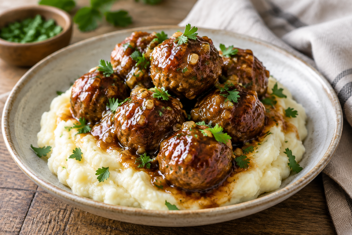Plate of honey garlic meatballs with mashed potatoes garnished with parsley