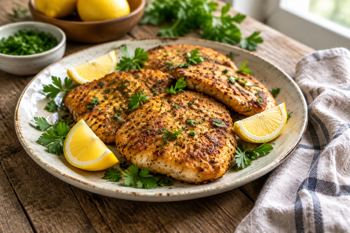 Golden homemade Mediterranean chicken cutlets garnished with fresh herbs and lemon wedges