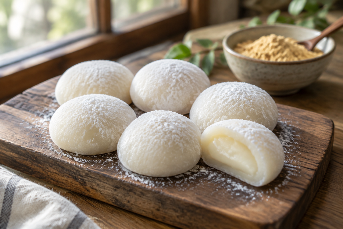 Plate of soft homemade milk mochi dusted with cornstarch showcasing chewy texture