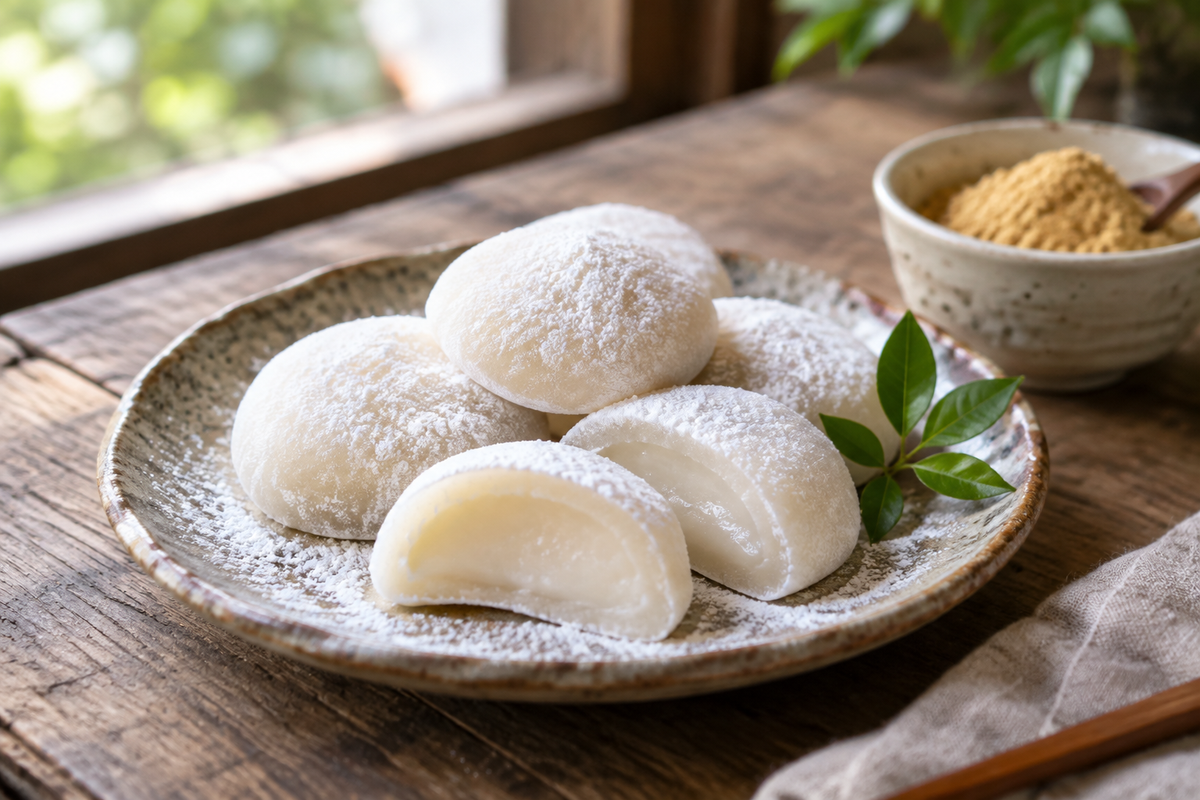 Homemade milk mochi pieces on rustic plate showcasing soft chewy milk mochi texture