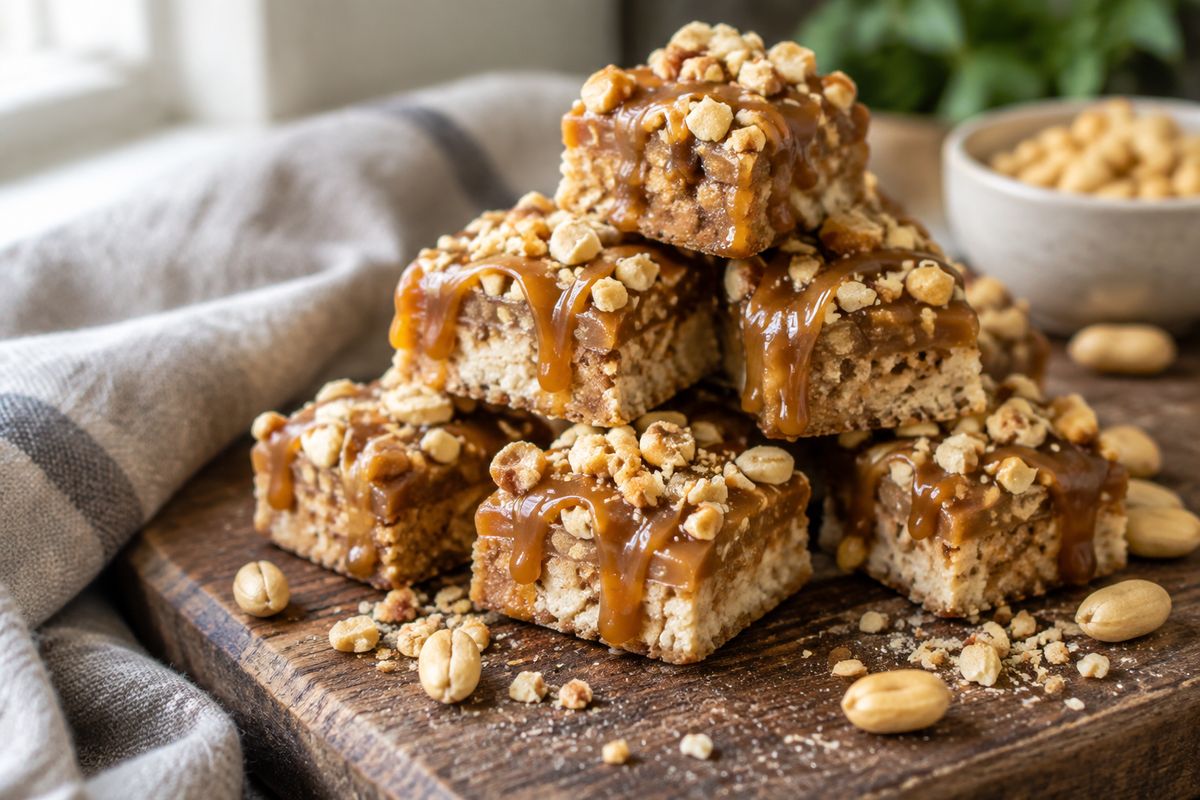 Homemade pay day bites with caramel and peanuts on rustic wooden board