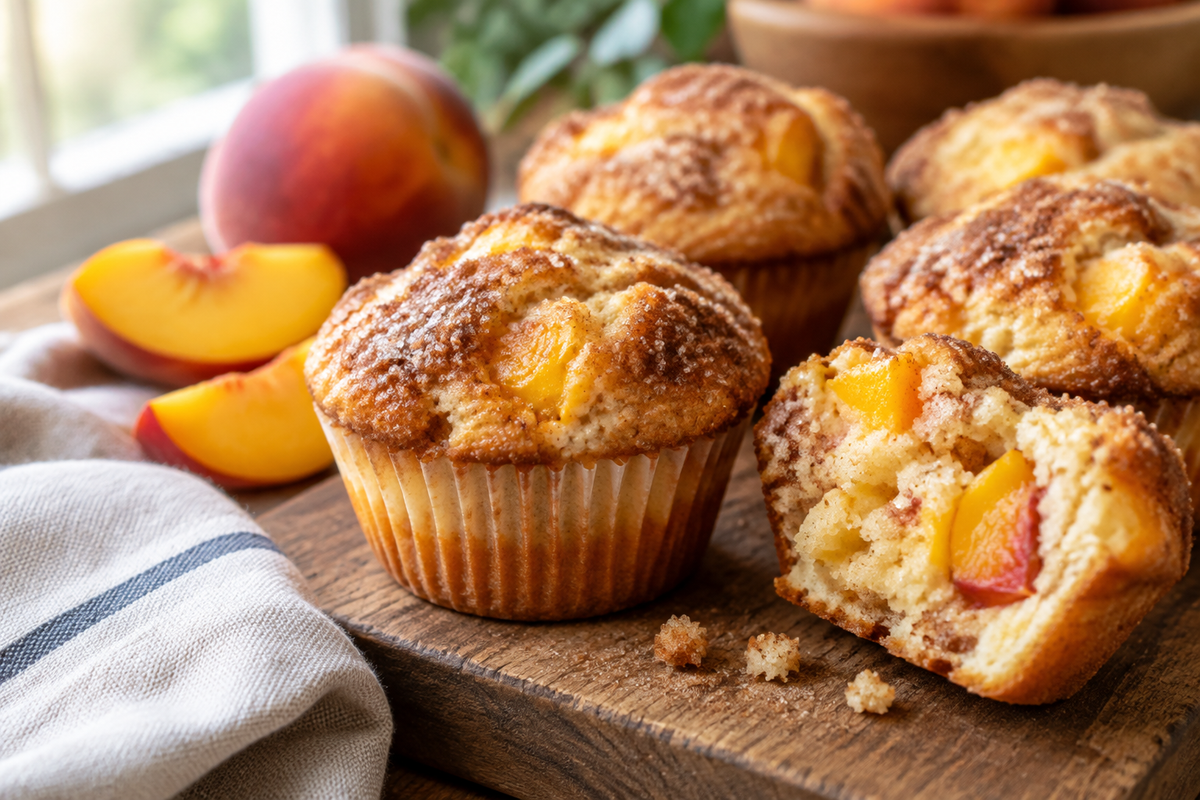 Freshly baked peach cobbler muffins with cinnamon sugar topping and juicy peach chunks, homemade peach cobbler muffins