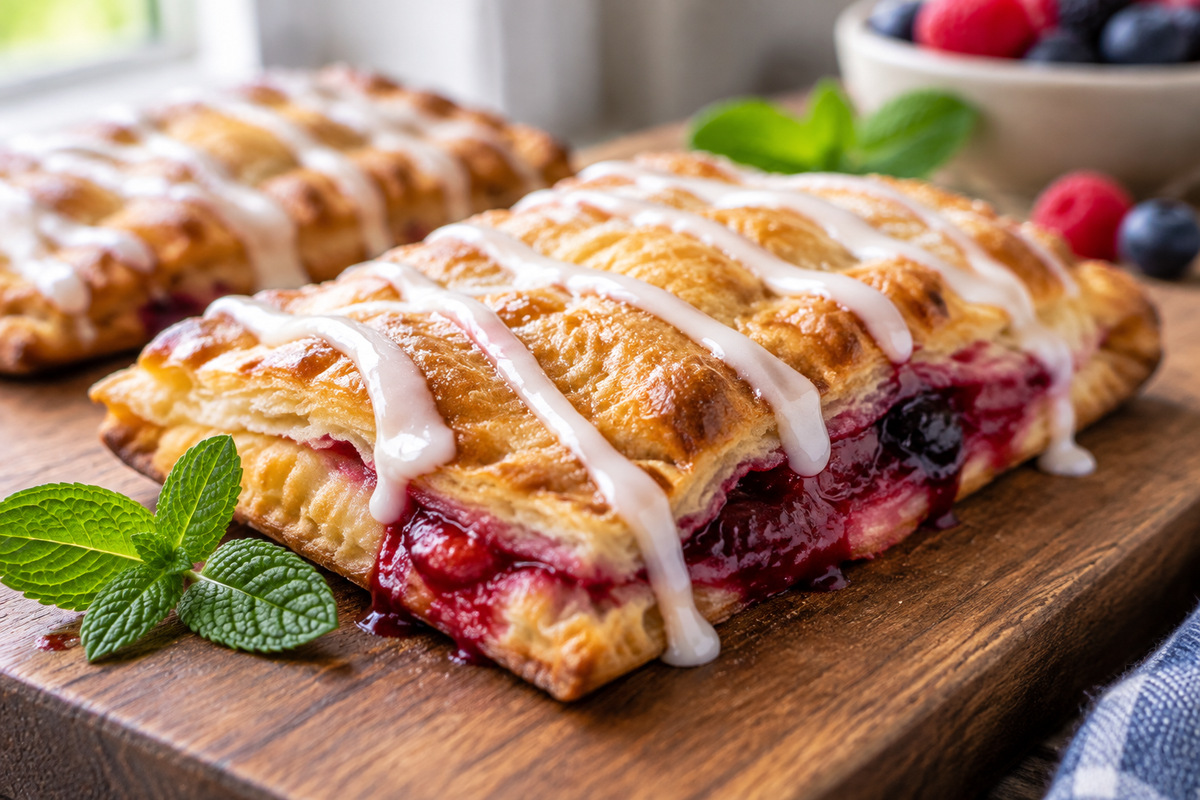 Flaky homemade toaster strudel with fruity filling and glaze, homemade toaster strudel