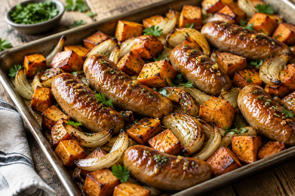 Honey garlic sausage and sweet potato sheet pan dinner garnished with fresh parsley