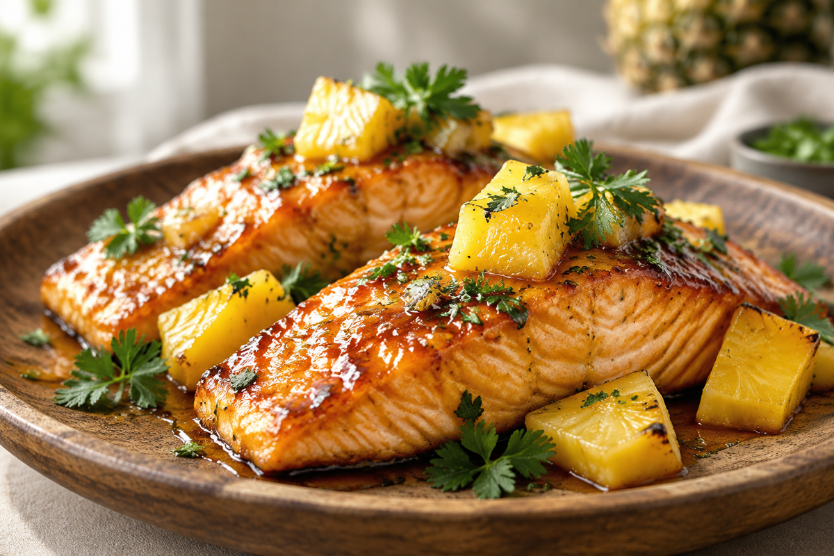 Honey pineapple glazed salmon fillets garnished with pineapple chunks and herbs
