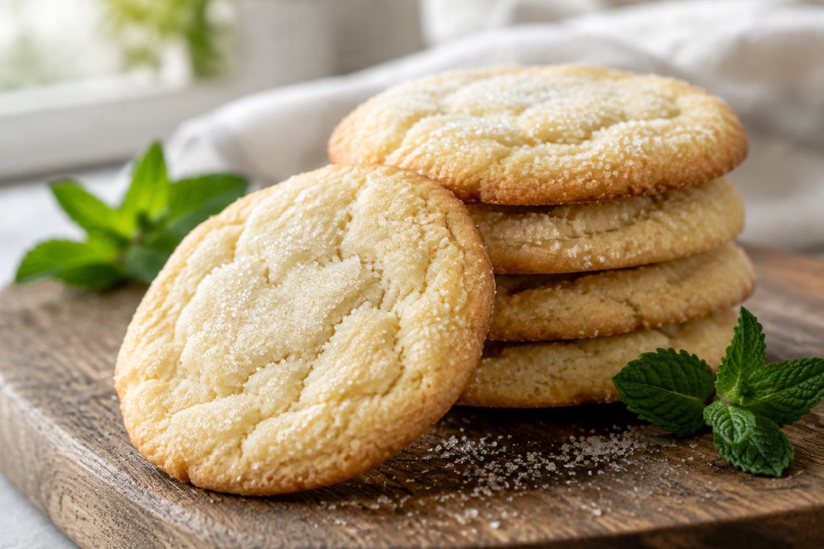 Soft golden sugar cookies stacked with sugar crystals, showcasing the perfect sugar cookies texture