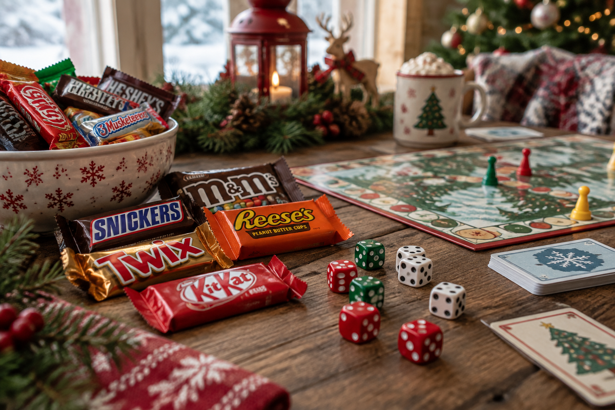Candy bar game setup with wrapped candy bars and dice for Christmas gift game fun