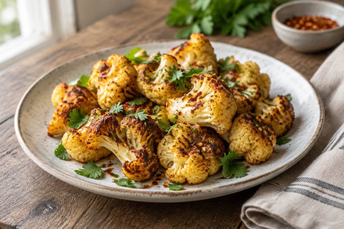 Crispy roasted cauliflower florets garnished with parsley and chili flakes, showcasing crispy roasted cauliflower
