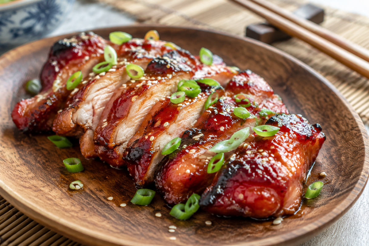 Juicy char siu chicken glazed with red Asian BBQ sauce garnished with sesame seeds and green onions