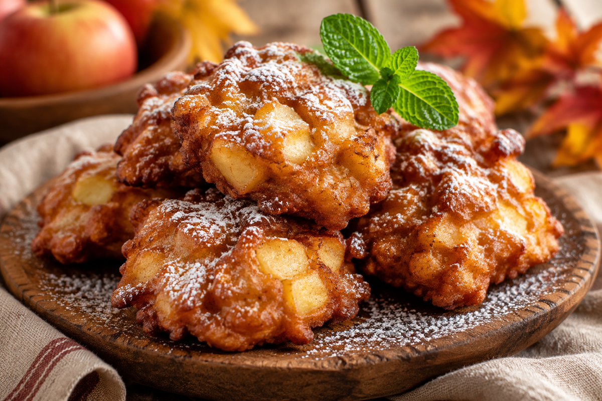 Golden baked apple fritters with powdered sugar and fresh mint, showcasing baked apple fritters as a cozy fall treat