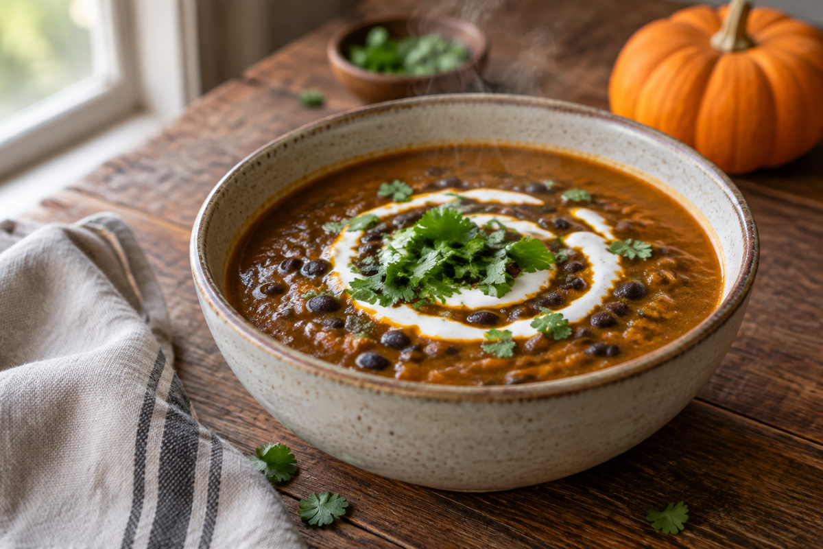 Bowl of black bean pumpkin soup garnished with sour cream and cilantro, showcasing black bean pumpkin soup
