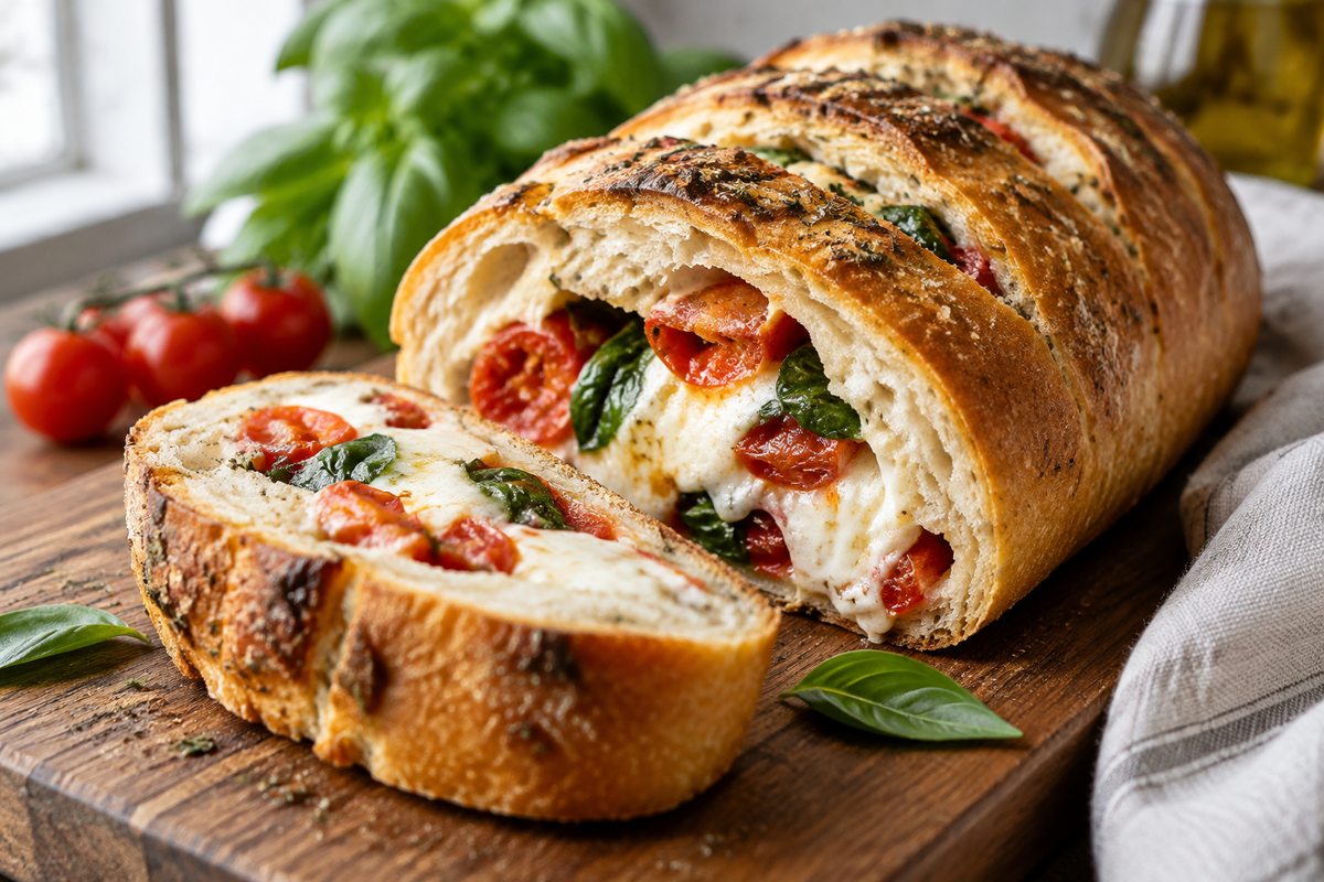 Irresistible caprese bread with melted mozzarella, tomatoes, and basil, no-yeast caprese bread fresh from the oven