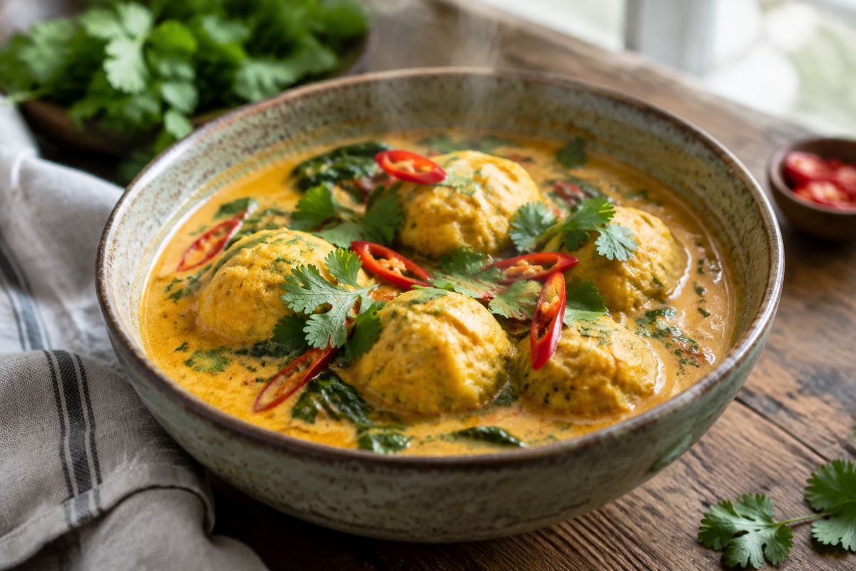 Bowl of coconut curry soup with dumplings garnished with cilantro and chili, showcasing the coconut curry soup