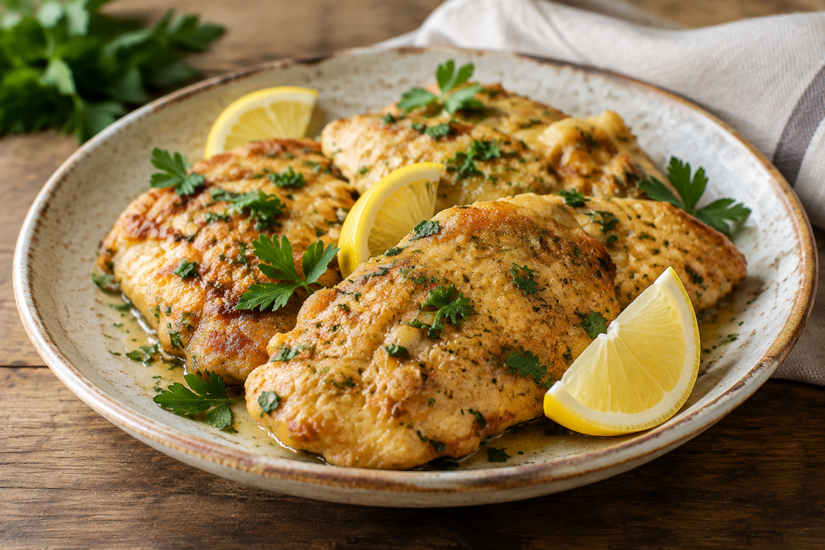 Close-up of crispy lemon chicken romano garnished with lemon wedges and parsley, showcasing the lemon chicken romano dish
