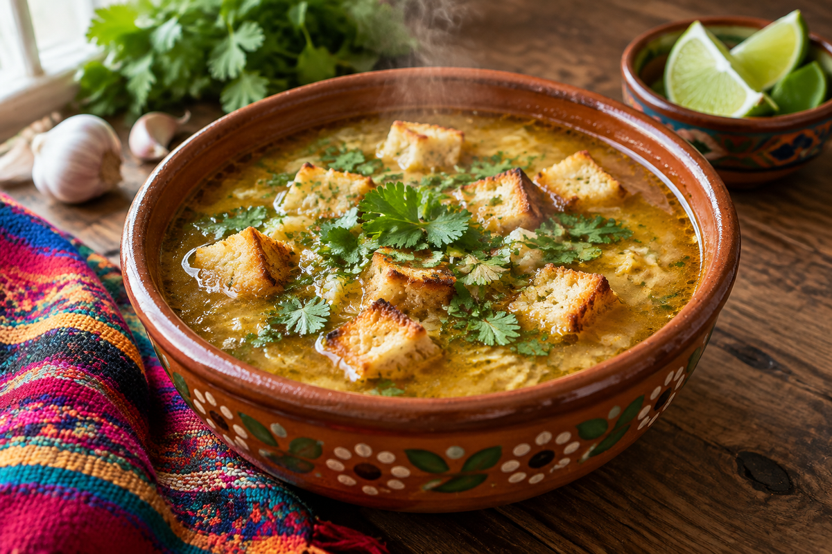 Bowl of Mexican garlic soup with toasted bread cubes and cilantro garnish, showcasing Mexican garlic soup
