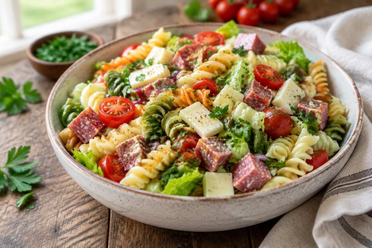 Italian grinder pasta salad with rotini, salami, provolone, and fresh veggies in a bowl