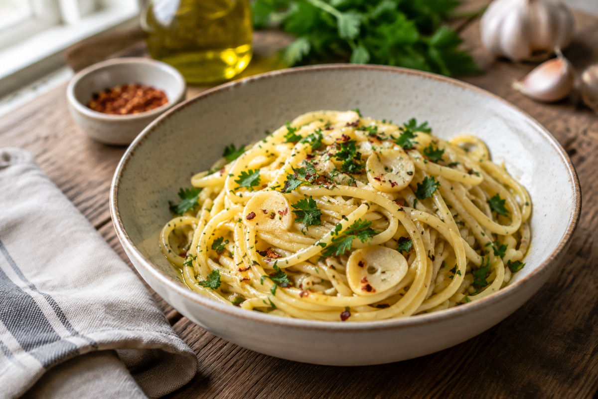 Italian pasta with garlic olive oil sauce garnished with parsley and red pepper flakes
