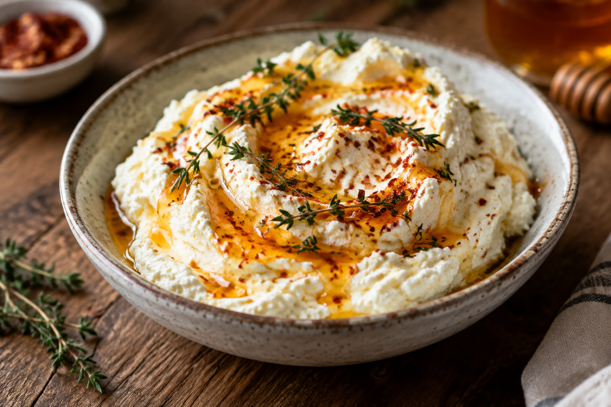 Italian whipped ricotta drizzled with hot honey and garnished with chili flakes and thyme