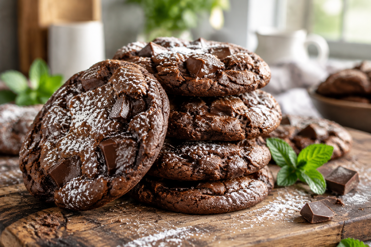 Joanna Gaines brownie cookies stacked showing fudgy texture and chocolate chunks