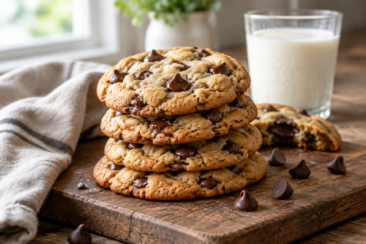 Joanna Gaines’ famous chocolate chip cookies stacked with melted chocolate chips visible