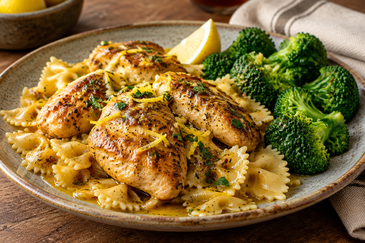 Juicy cowboy butter lemon bowtie chicken served with tender broccoli, showcasing vibrant colors and glistening sauce