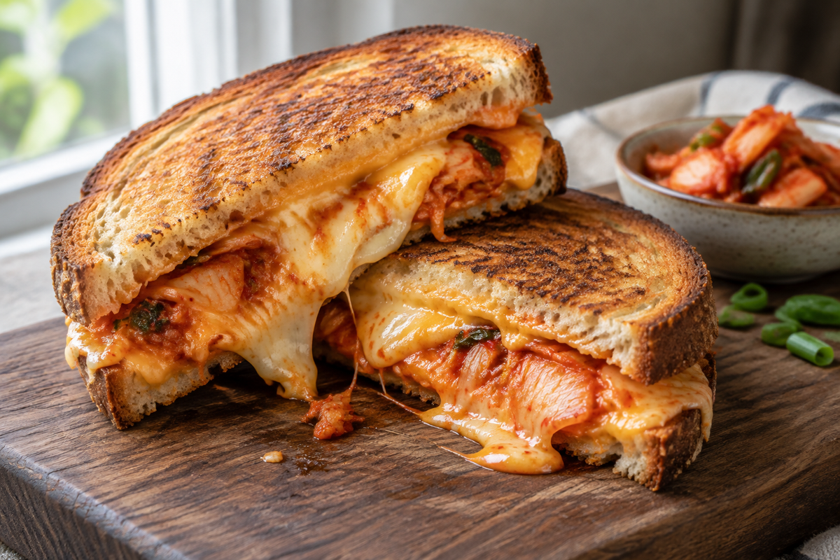 Kimchi grilled cheese sandwich with melted cheese and spicy kimchi filling on rustic board