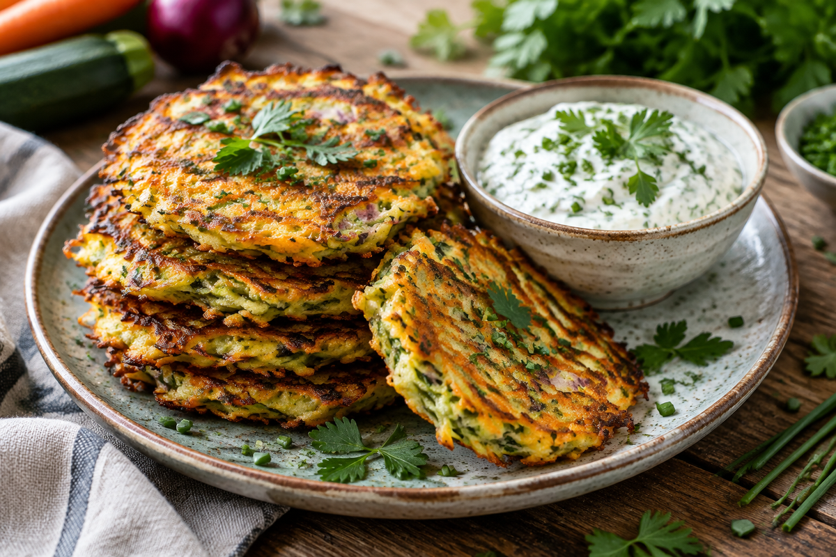 Crispy gemüsepfannkuchen mit kräuterdip stacked on a plate with fresh herb dip