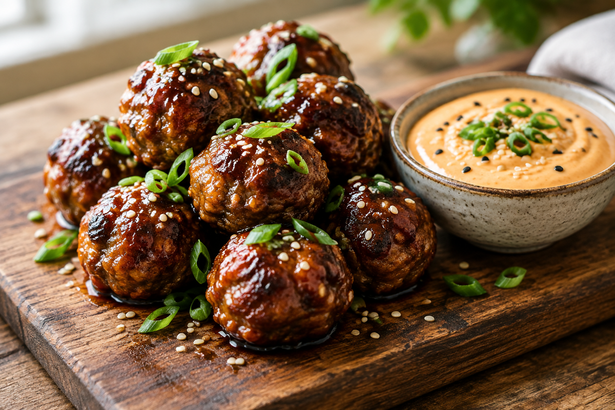 Korean BBQ meatballs served with spicy mayo dip garnished with sesame seeds and green onions