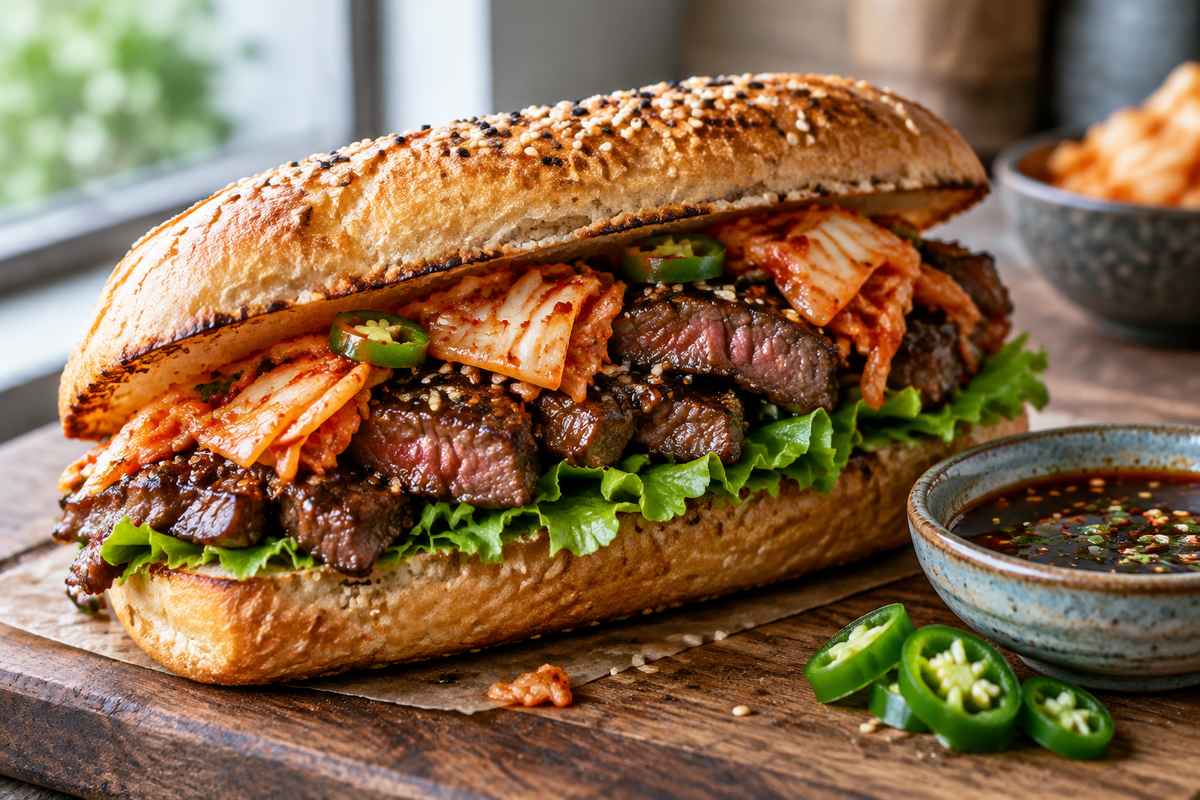 Korean steak sandwich with marinated beef, kimchi, lettuce, and toasted bread, showcasing the korean steak sandwich
