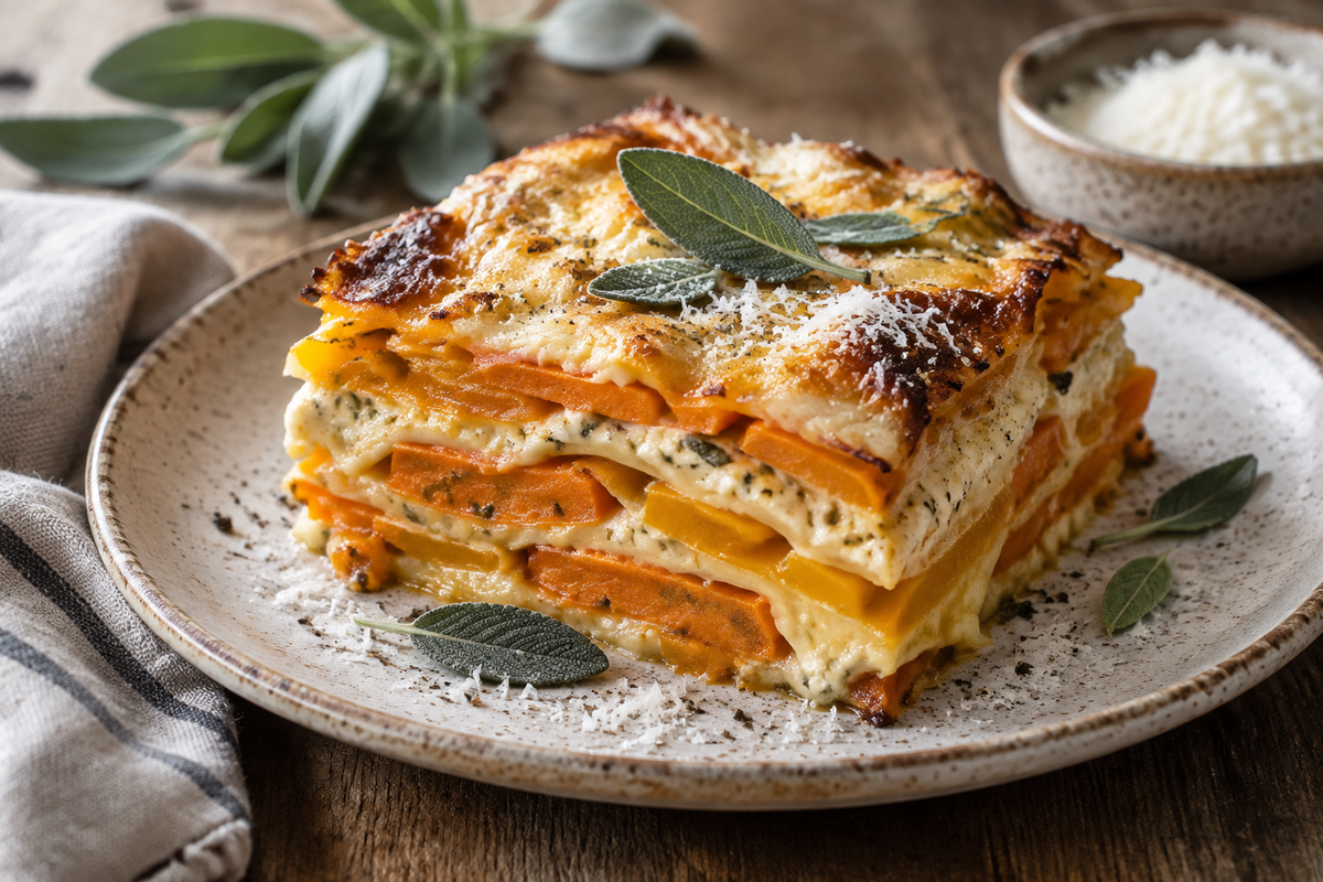 Layered sweet potato lasagna with butternut squash garnished with fresh sage, showcasing creamy texture and baked golden top.