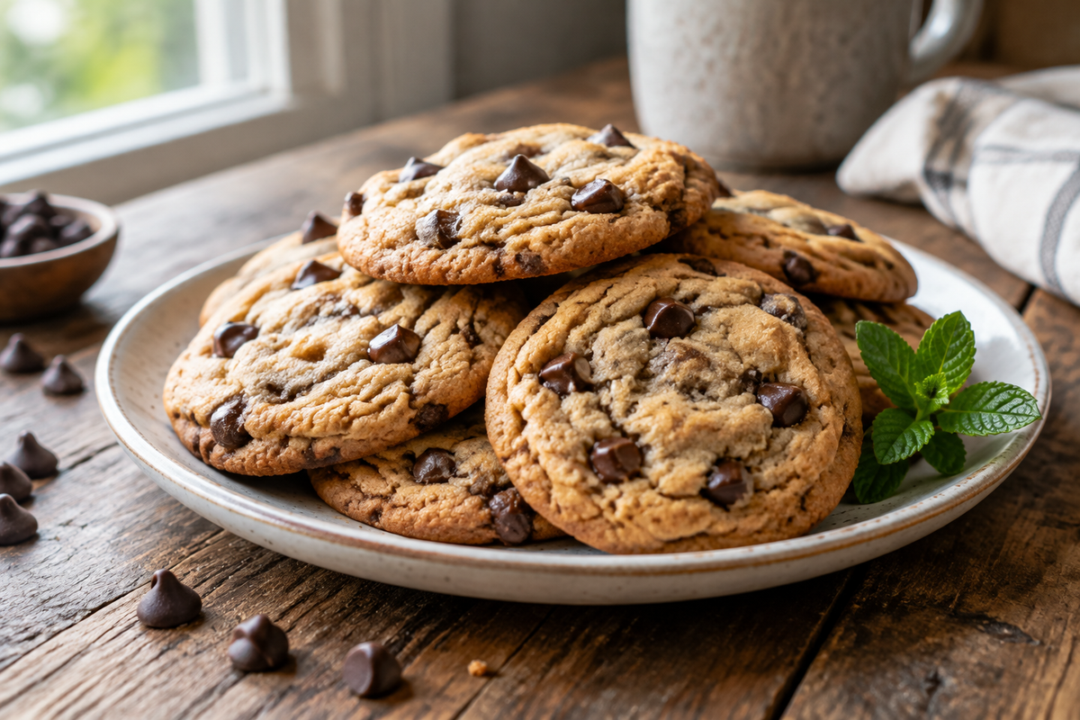 plate of lazy chocolate chip cookies stacked with visible chocolate chips and rustic wooden background