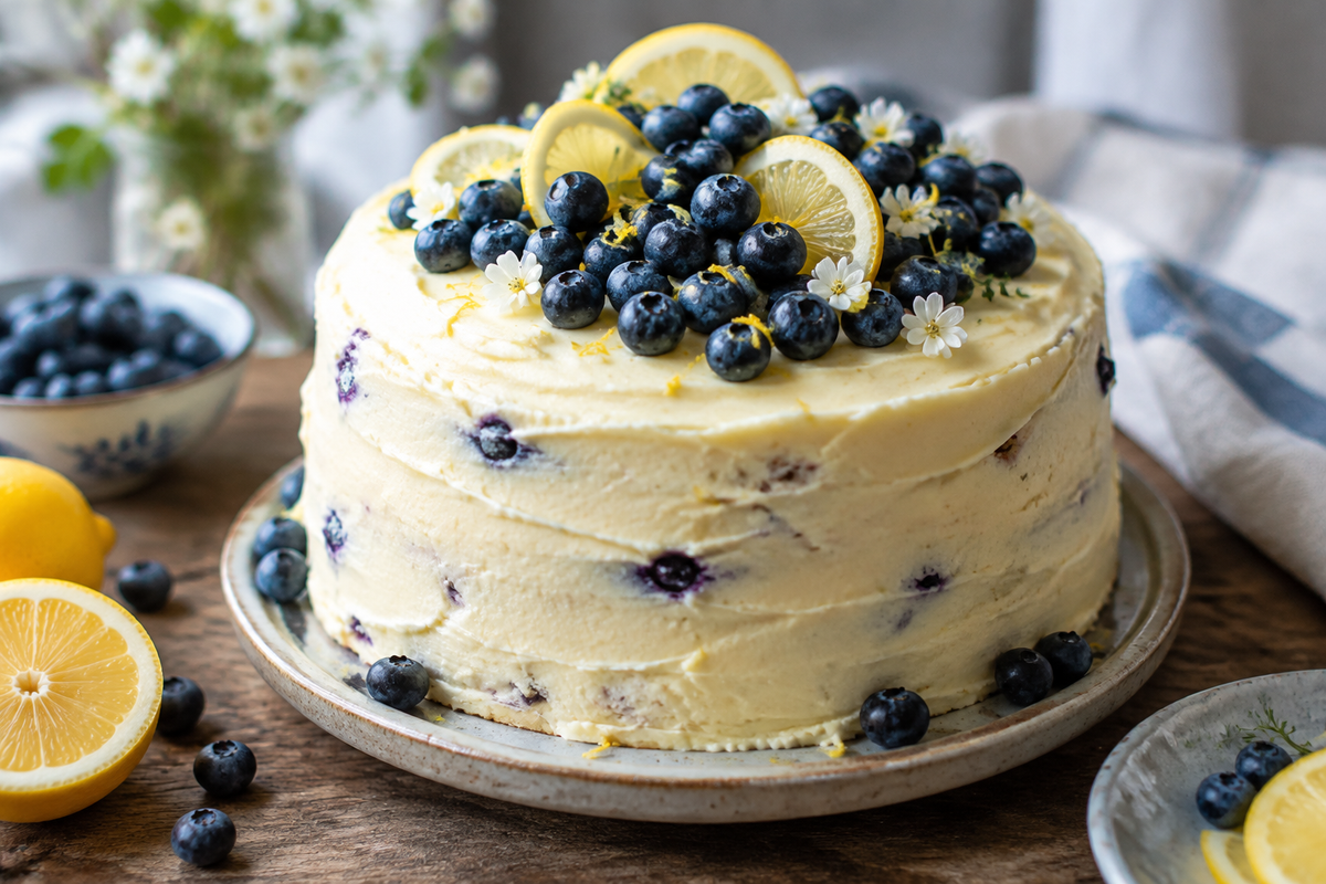 Lemon blueberry cake with lemon cream cheese frosting garnished with fresh blueberries
