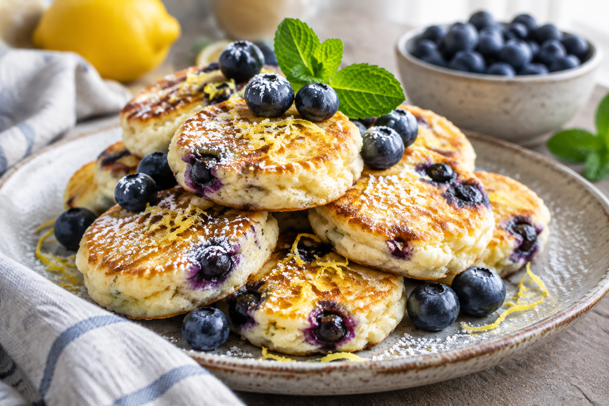 Golden lemon blueberry cottage cheese pancake bites garnished with lemon zest and fresh blueberries