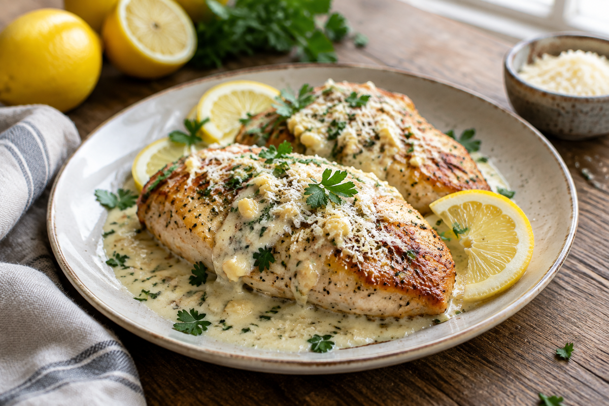 Lemon garlic chicken with creamy Parmesan sauce garnished with parsley and lemon slices