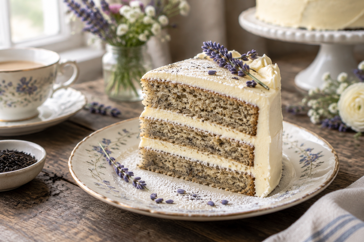 Slice of London Fog Cake with Earl Grey tea and vanilla frosting garnished with lavender