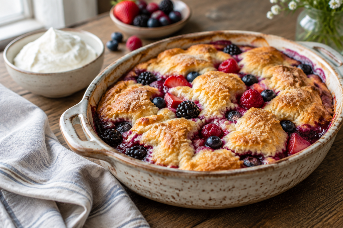 Make-ahead breakfast cobbler with fresh berries and golden crust on rustic dish
