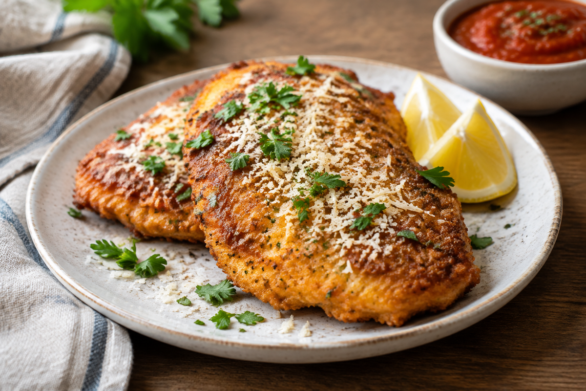 Crispy chicken romano with golden crust garnished with parsley and lemon wedges