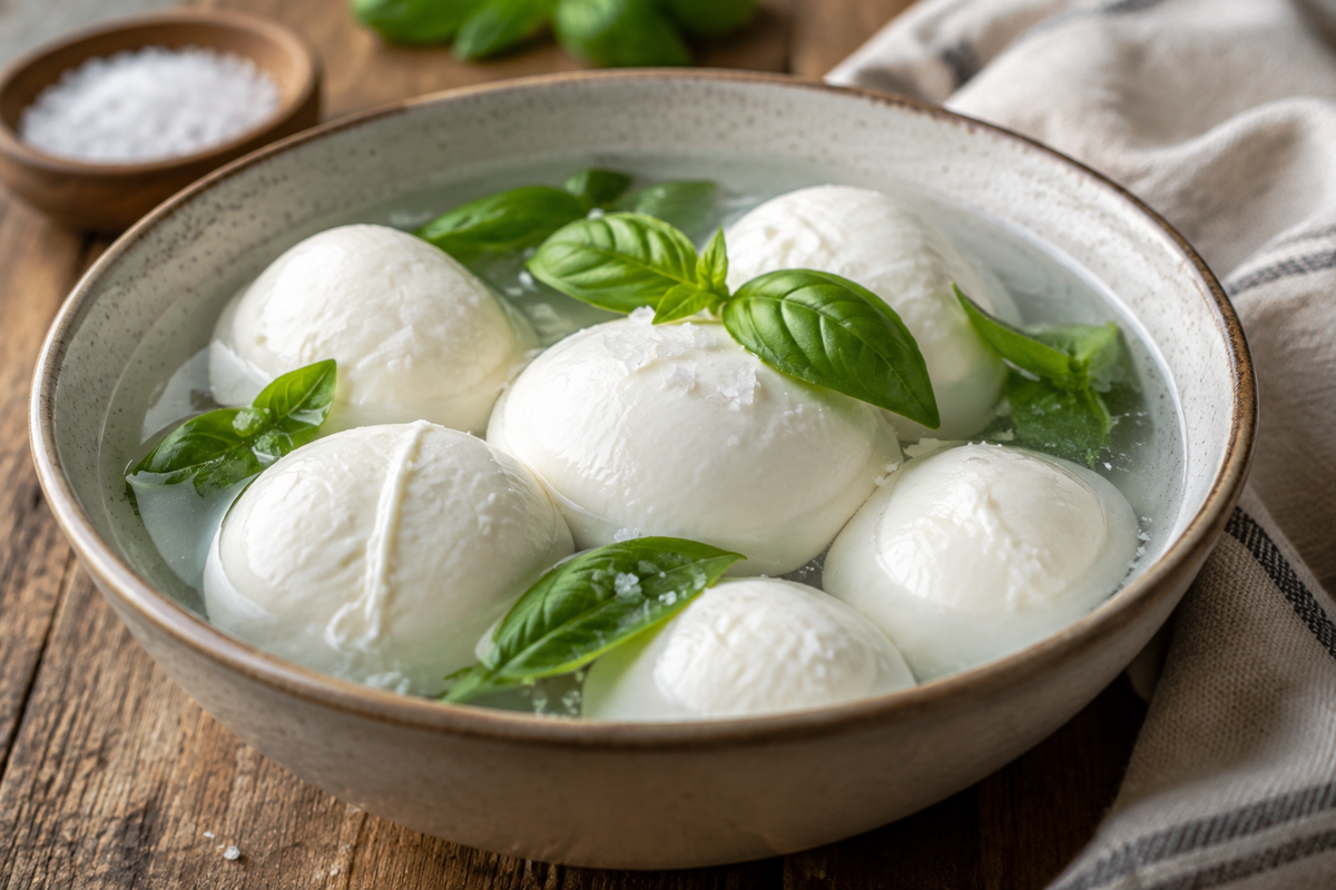 Fresh mozzarella balls in water garnished with basil, showcasing fresh mozzarella recipe