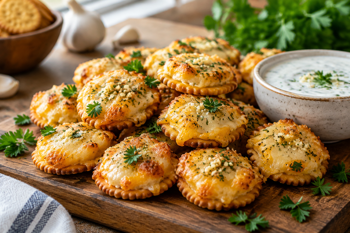 Golden cheesy garlic Ritz bites garnished with parsley and served with garlic dip, showcasing cheesy garlic Ritz bites