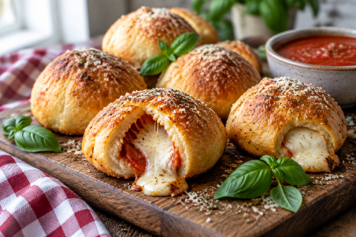 Golden 30 minute pizza bombs with melted cheese and fresh basil on rustic board
