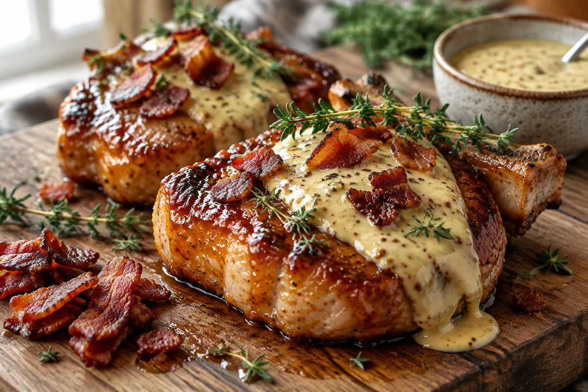 Maple bacon pork chops with Dijon mustard cream sauce garnished with fresh herbs