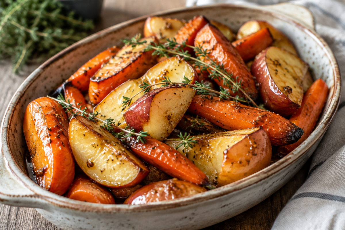 Maple dijon roasted apples and carrots in a rustic dish garnished with fresh thyme