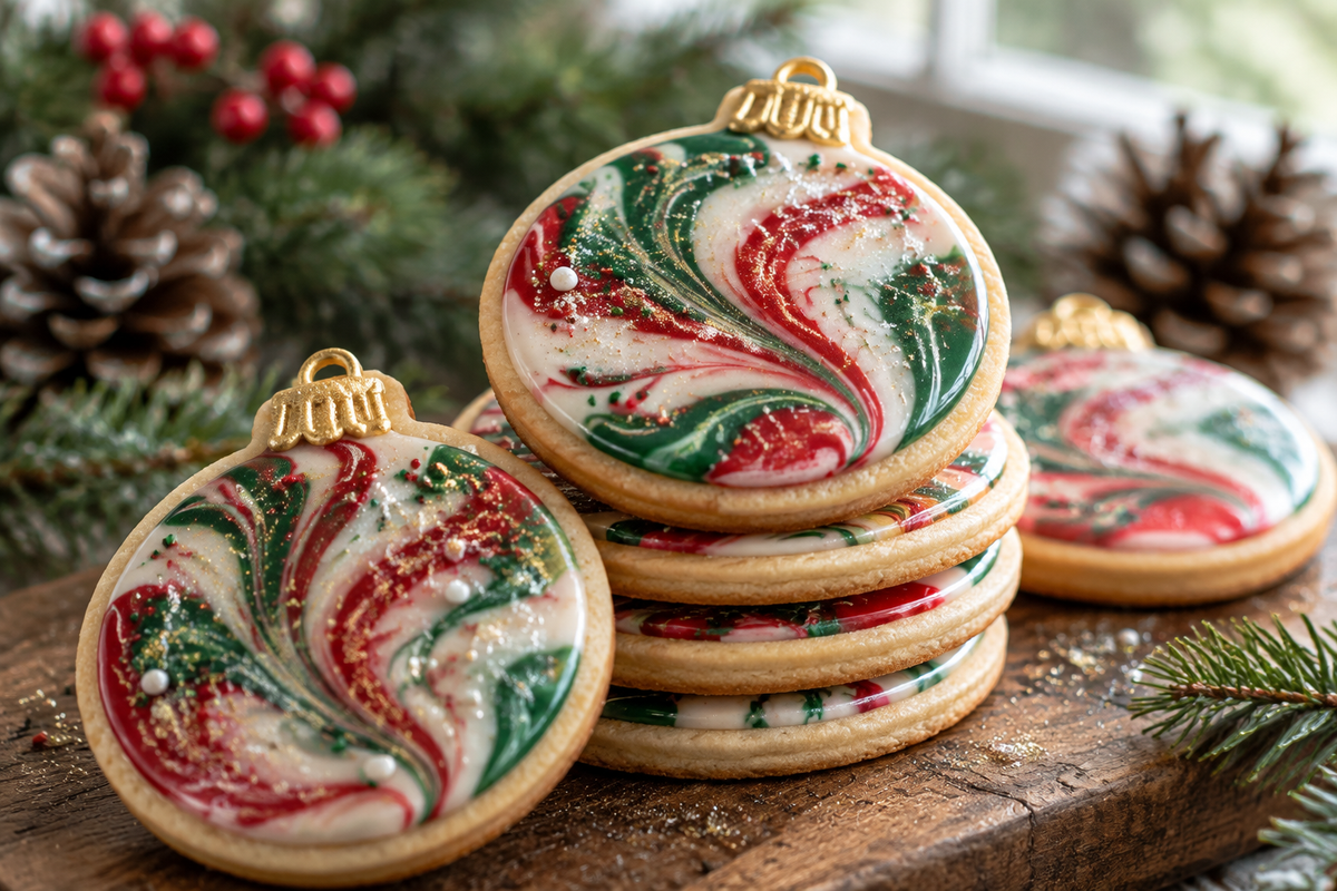 Marbled Christmas cookies with colorful swirls and festive decoration on rustic board