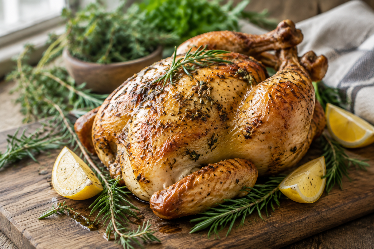 Herb-roasted chicken with golden skin and fresh rosemary, perfect Marie Food Tips dish