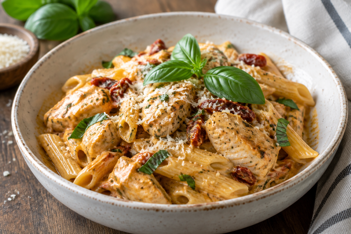 Creamy marry me chicken pasta garnished with fresh basil and Parmesan cheese