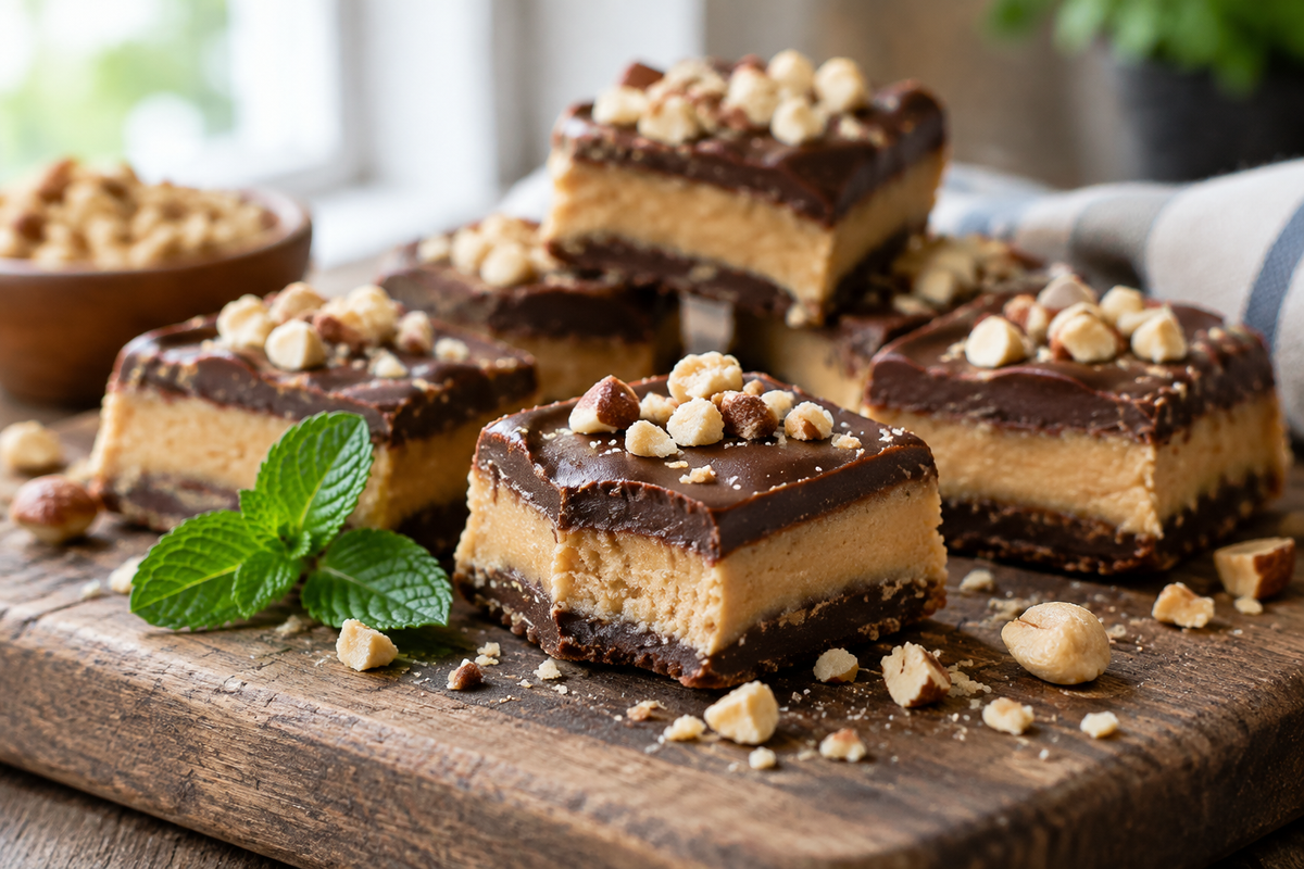 Close-up of Martha Washington candy pieces with creamy peanut butter and chocolate layers, garnished with chopped nuts