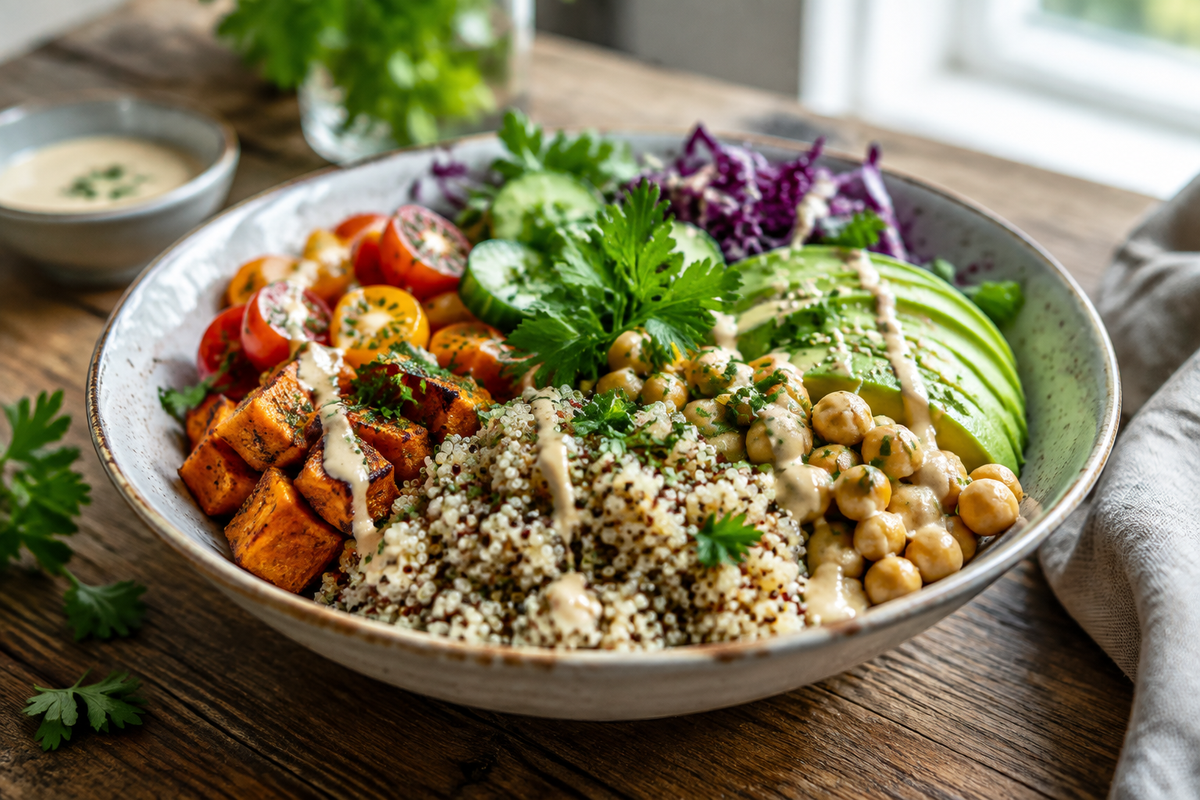 Colorful plated dish showcasing recipes learn with fresh vegetables and herbs
