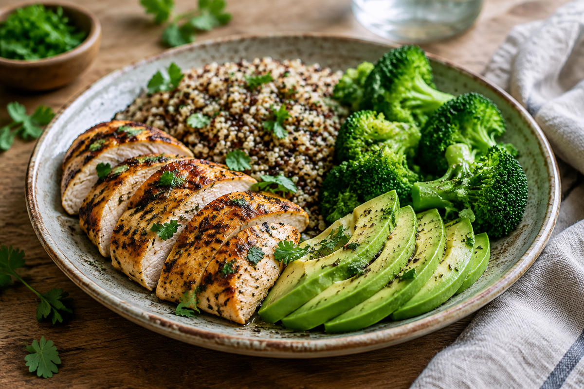 Balanced meal showing food macros with grilled chicken, quinoa, broccoli, and avocado slices