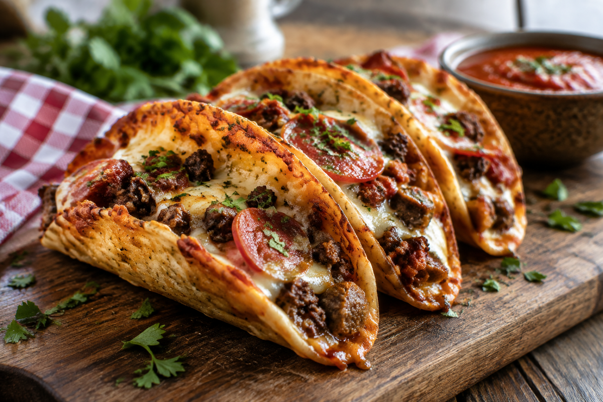 Close-up of meat lovers pizza tacos with melted cheese and savory meats on a wooden board